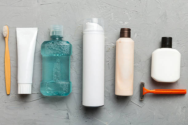 istock Mockup for bathing products top view flat lay, spa razor, toothpaste, soap, gel and other various accessories. Cosmetics for skin health. Bath Mockup for your logo 2206612635