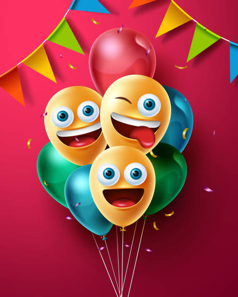 istock Emoji birthday balloon vector design. Emojis faces in floating balloon bunch with confetti 2206615659