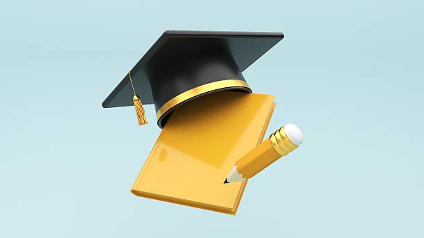 istock 3D render Graduation background with copy space and a set of graduation cap, cup, diploma, book, pencil. 2206617775