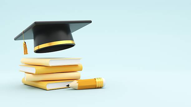 istock 3D render Graduation background with copy space and a set of graduation cap, cup, diploma, book, pencil. 2206617794