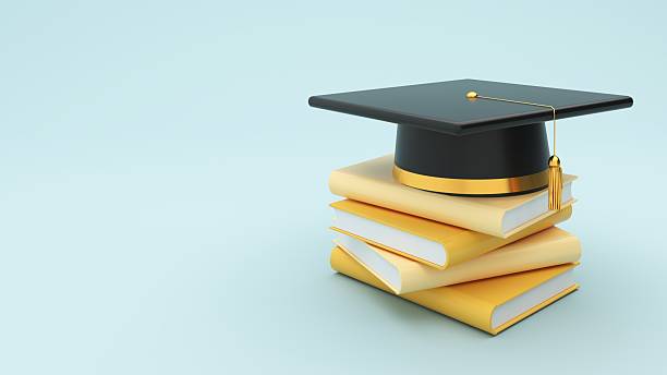 istock 3D render Graduation background with copy space and a set of graduation cap, cup, diploma, book, pencil. 2206617797