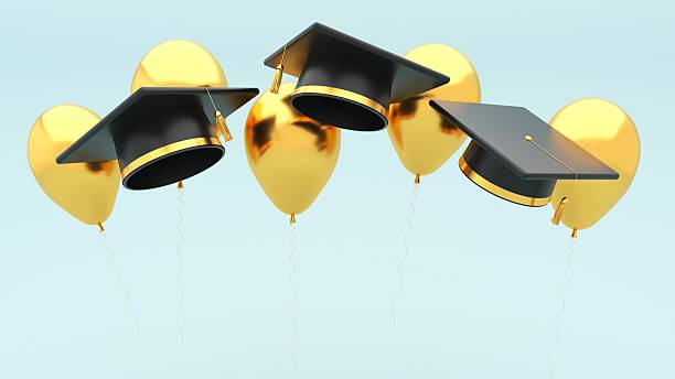 3D visualization of graduation ceremonies and cap throwing traditions. Graduation background with copy space and a set of graduation cap, cup, diploma, book, pencil.