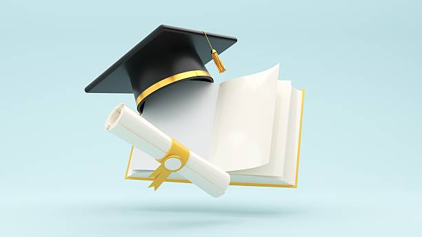 istock 3D render Graduation background with copy space and a set of graduation cap, cup, diploma, book, pencil. 2206617824