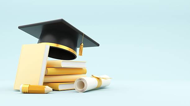 istock 3D render Graduation background with copy space and a set of graduation cap, cup, diploma, book, pencil. 2206617835