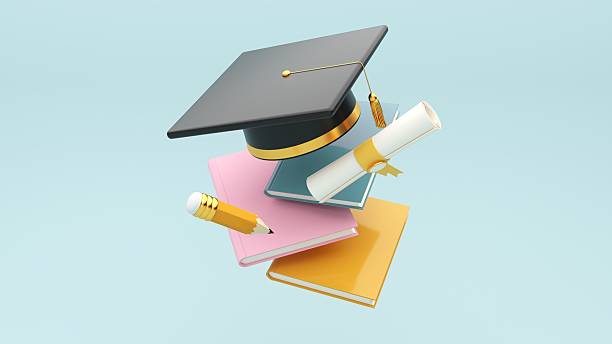 istock 3D render Graduation background with copy space and a set of graduation cap, cup, diploma, book, pencil. 2206617836