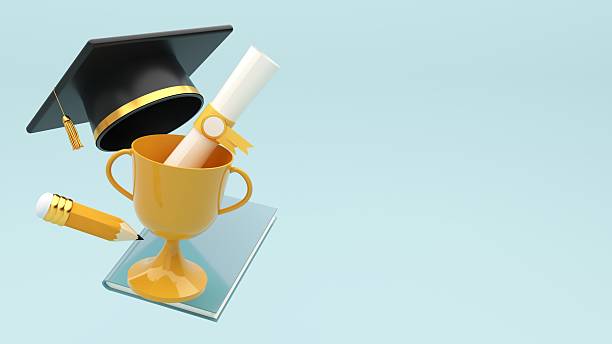 3D visualization of graduation ceremonies and cap throwing traditions. Graduation background with copy space and a set of graduation cap, cup, diploma, book, pencil.