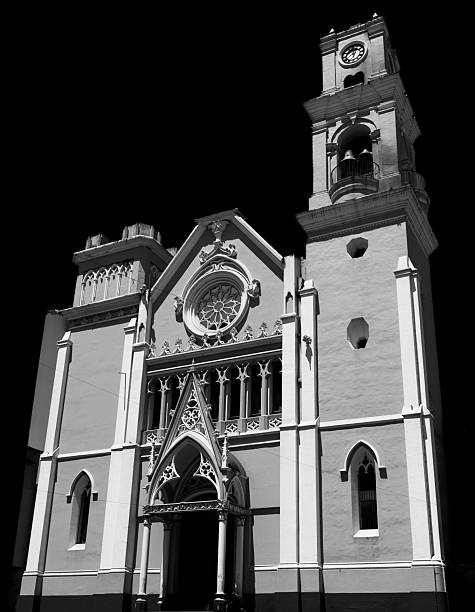 istock Historic church with clock tower in black and white. 2206621680
