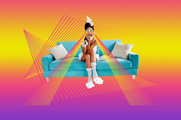 Composite art 3d creative image collage of happy duchess girl sit sofa popcorn bowl snack wear 3d glasses watch movie living-room.