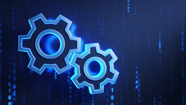 istock Blue Glowing Gear Icons With Digital Background Representing Technology 2206623658