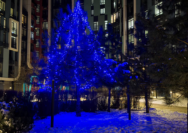 Blurred background of a tranquil winter evening scene featuring a quiet, snow-covered path illuminated by warm street lamps. the blurred lights create a cozy ambiance, inviting peaceful reflection. High quality photo