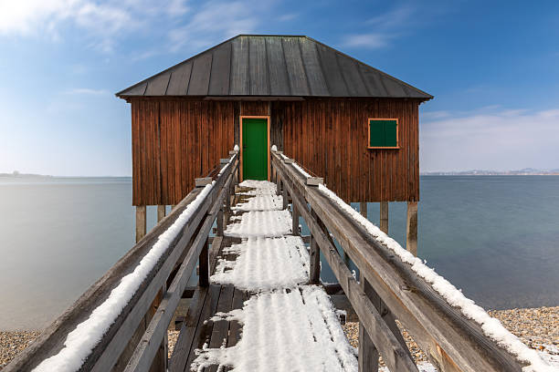 Bathing hut at Lake Constance in Lochau, Austria, in winter