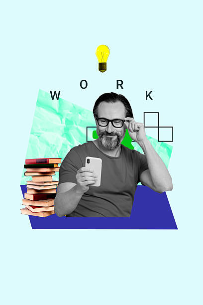 istock Vertical sketch 3d artwork collage of happy businessman hold phone book stack success development light bulb idea finding 2206634870