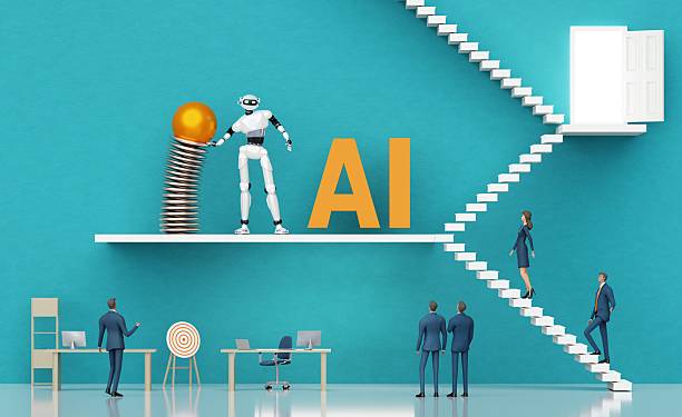 istock Robots, artificial intelligent being introduced to business people, People working and cooperating with robots and AI. 3D render illustration with copy space 2206634925