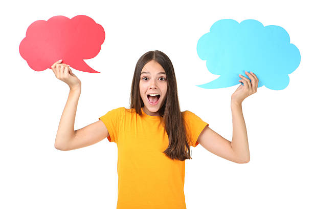 istock Young girl with speech bubbles on white background 2206635696