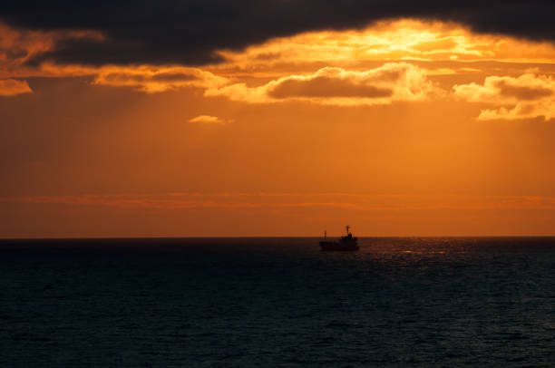 Beautiful sea dusk with a ship silhouette
