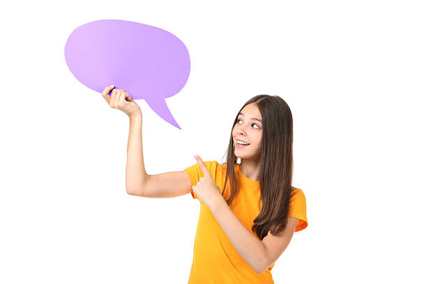 istock Young girl with speech bubble on white background 2206636863