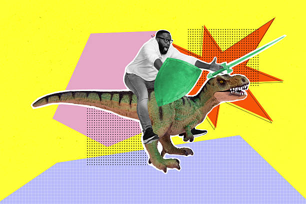 istock 3D collage design composite trend artwork sketch of young man sit dinosaur hold sword shield hero knight conqueror ancient vintage style 2206641993