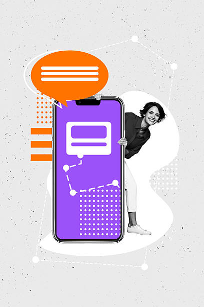 istock Template poster trend photo collage of text sms chatting speech note online conversation bubble textbox young lady smile hold smartphone 2206642334