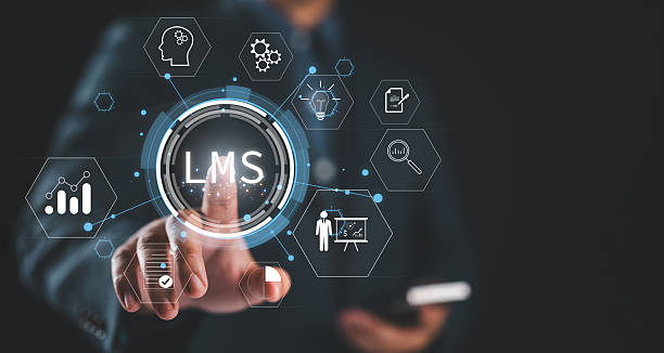 istock Learning management system concept. Businessman touching virtual screen of LMS or Learning management system icon. Lesson and online education, course, application, education and e learning. 2206642974