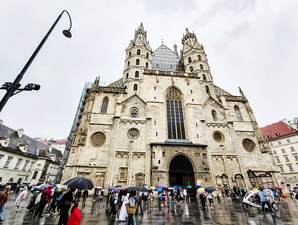 The front view of St. Stephen's Cathedral (Stephansdom) in Vienna, Austria. It is a Gothic cathedral and the center of people's faith. The photo was taken on August 4, 2024.