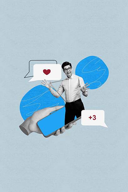 istock Trend image vertical photo collage of happy guy receive like notification bubble icon feedback click subscriber peek phone 2206645462