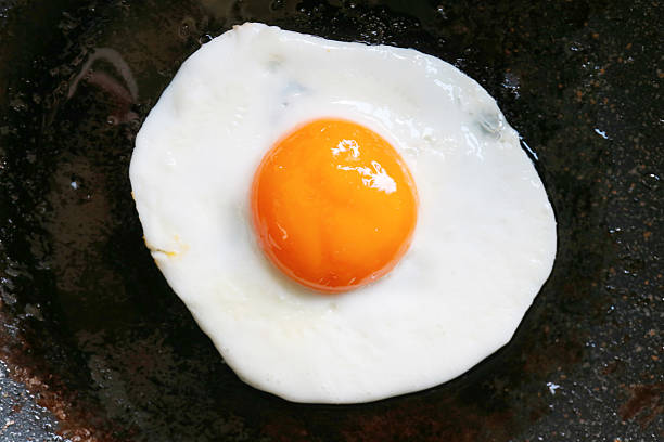 istock Top view of a sunny side up egg being fried in a pan 2206649395