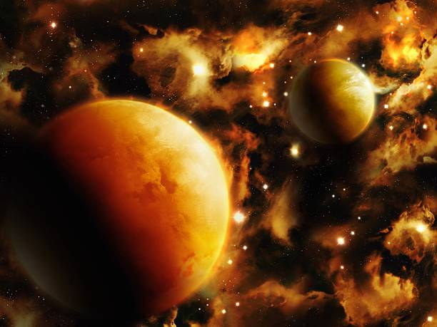 istock Earth-like exoplanets in deep space. Stellar nebula in golden tones. 2206650235