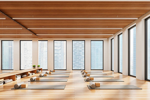istock Modern yoga studio with wooden ceiling and city view. 3D Rendering 2206650785