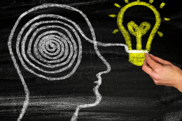 Creative silhouette head symbol and process of creativity concept on chalkboard