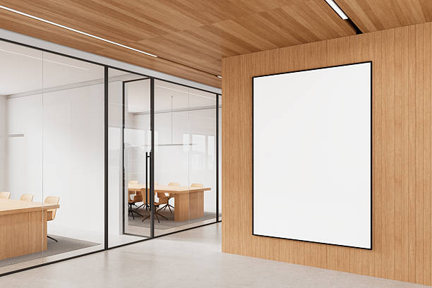 istock Blank poster mockup in modern office interior with wooden walls. 3D Rendering 2206651069