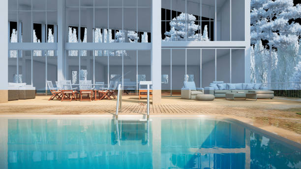 Modern architecture with a pool, concrete and glass facade, minimalist style design,3D rendering