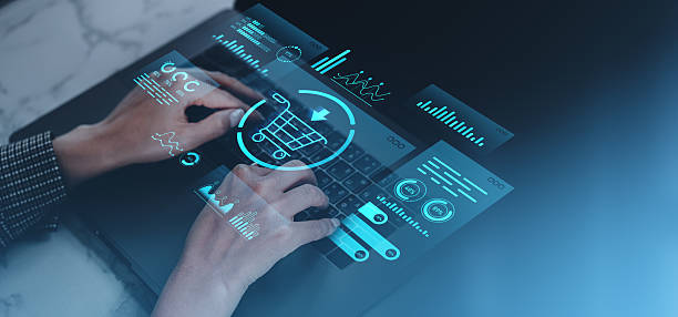 istock Online shopping interface on a futuristic laptop screen. 2206652570