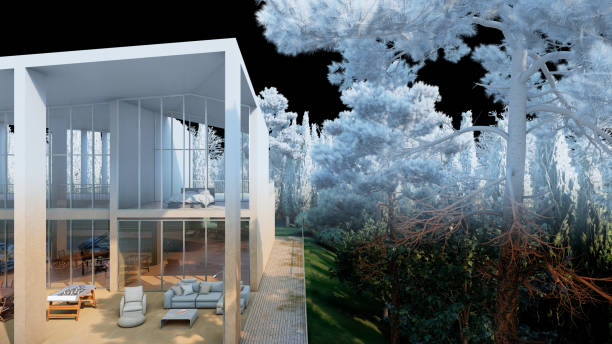 Architectural visualization of a contemporary two-story, cantilevered residence set in an autumn landscape. The upper level projects over a glass-walled ground floor, revealing a living area and home office. Minimal courtyard with square concrete pavers, slender trees, and fallen leaves; crisp white façade, exposed steel supports, and clean geometric lines under an overcast sky. High-end, modern exterior concept and ideal for themes of residential architecture, real estate, design, and seasonal lifestyle.