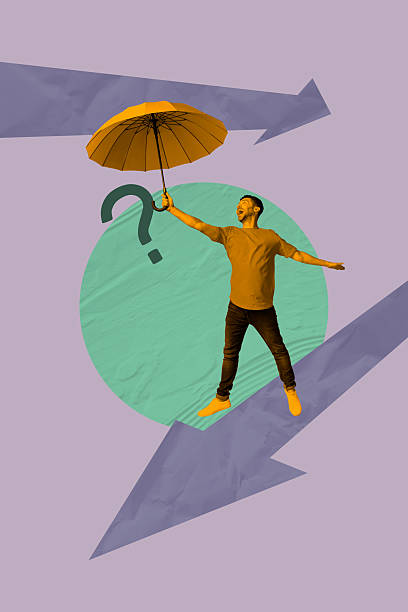 istock Vertical zine image artwork collage of excited man hold umbrella rain arrow pointer question mark dilemma solution direction 2206653116