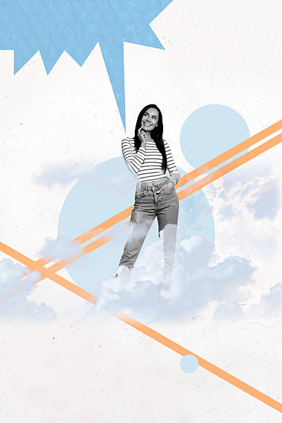 istock Sketch design trend poster photo collage of online speech texting bubble communication note sms email dialog young lady stand heaven cloud 2206653475