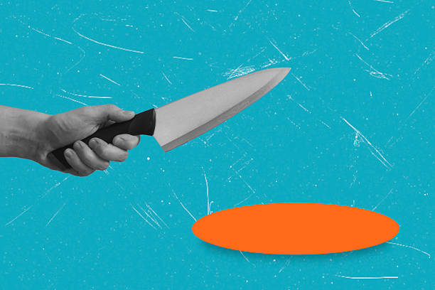 istock Modern art collage featuring a hand with the knife on blue background with copy space. 2206654240