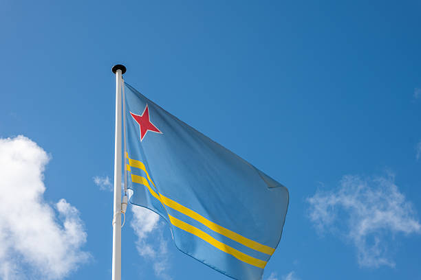 Aruba's flag with red star and yellow stripes against a bright blue sky. National symbol of Aruba waving proudly. Caribbean island identity and culture.