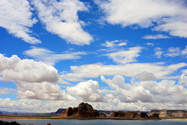 Landscape from Lone Rock ( a large isolated redrock formation) Beach (name as Lake Powell Beach), located on the shores of Wahweap bay and the border of Arizona and Utah USA