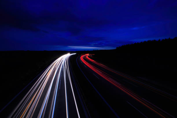 High Angle View Of Light Trails On Road At Night