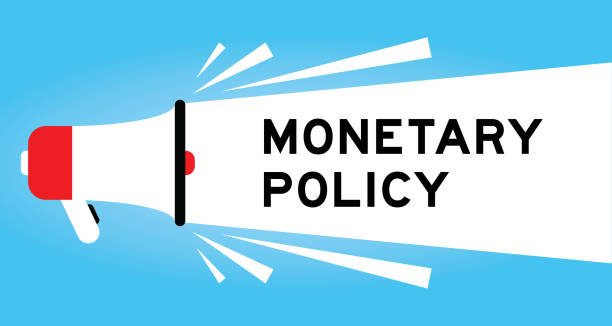 istock Color megaphone icon with word monetary policy in white banner on blue background 2206662584