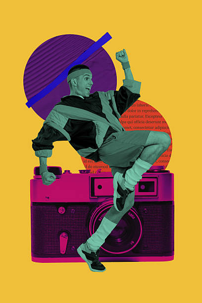 istock Composite image montage trend artwork 3D collage of rest weekend event leisure nightclub young man run obsolete camera cadre shooting 2206663970