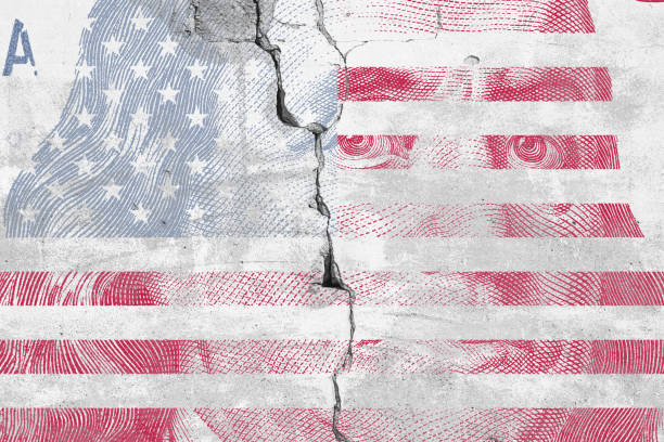 istock Cracked American flag over Benjamin Franklin portrait 2206665348