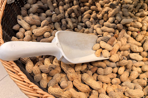 Freshly harvested peanuts in a rustic basket at a local market