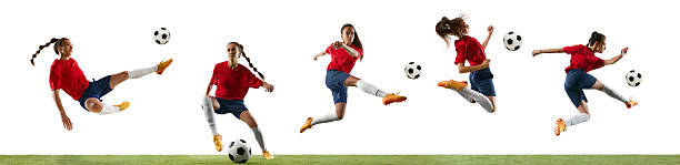 Creative collage. Female soccer player kicking, jumping, executing acrobatic shot against white studio background. Concept of professional sport, speed, precision, goal-scoring, competition.