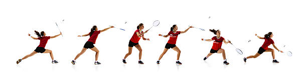 istock Creative collage. Female badminton athlete reaching, swinging, returning shuttlecock in synchronized movements against white studio background. 2206670395