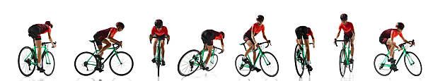 istock Creative collage. Cyclist accelerating, turning, maneuvering on racing bike in dynamic motion against white studio background. 2206670401