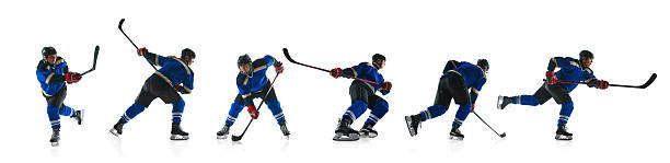 istock Dynamic collage. Hockey player skating, passing, shooting puck in intense sequence against white studio background. 2206670402