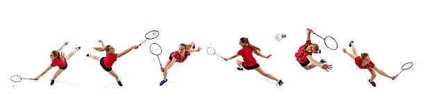 istock Dynamic collage. Badminton player jumping, swinging racket in energetic motion against white studio background. 2206670412
