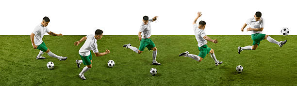 Dynamic collage. Soccer player dribbling, striking ball with speed and agility against green field background. Concept of professional sport, teamwork, power, game and competitive play.