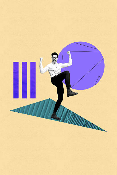 istock Vertical sketch 3d collage poster of happy businessman dance chart statistics development progress career growth goal achievement 2206671346